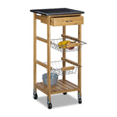 Relaxdays ALFRED Small Bamboo Kitchen Cart w/Black Marble Countertop 82.5 x 37.5 x 37.5 cm Kitchen Trolley w/Drawer Serving Cart w/ 2 Stainless Steel Baskets Rolling Kitchen Island w Wheels, Natural